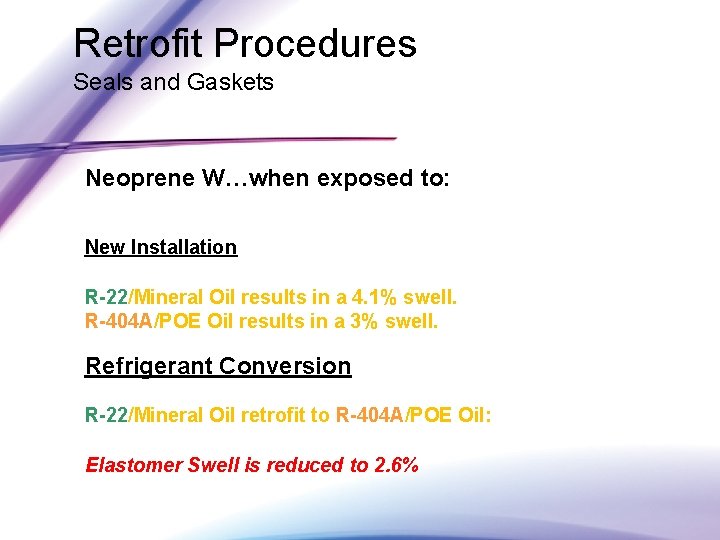 Retrofit Procedures Seals and Gaskets Neoprene W…when exposed to: New Installation R-22/Mineral Oil results