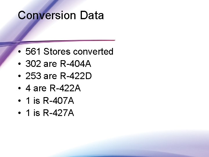 Conversion Data • • • 561 Stores converted 302 are R-404 A 253 are