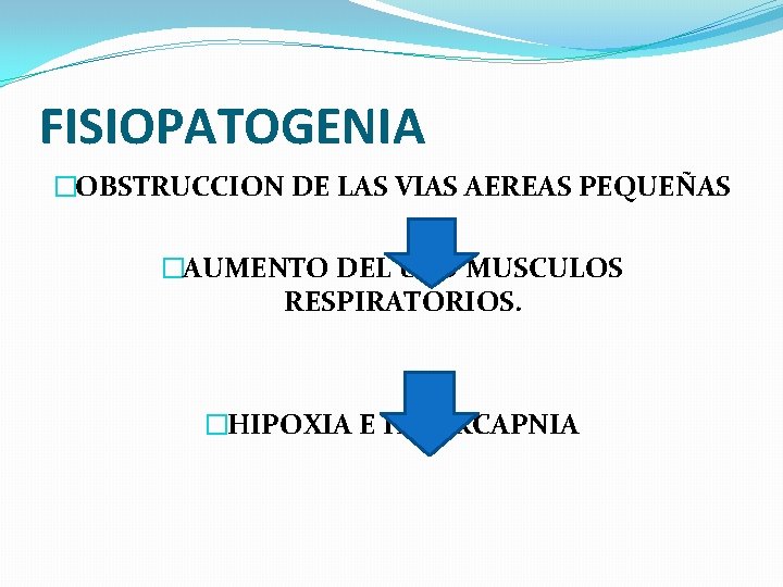 FISIOPATOGENIA �OBSTRUCCION DE LAS VIAS AEREAS PEQUEÑAS �AUMENTO DEL USO MUSCULOS RESPIRATORIOS. �HIPOXIA E