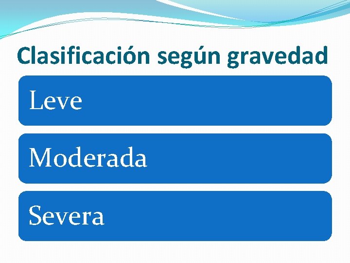 Clasificación según gravedad Leve Moderada Severa 
