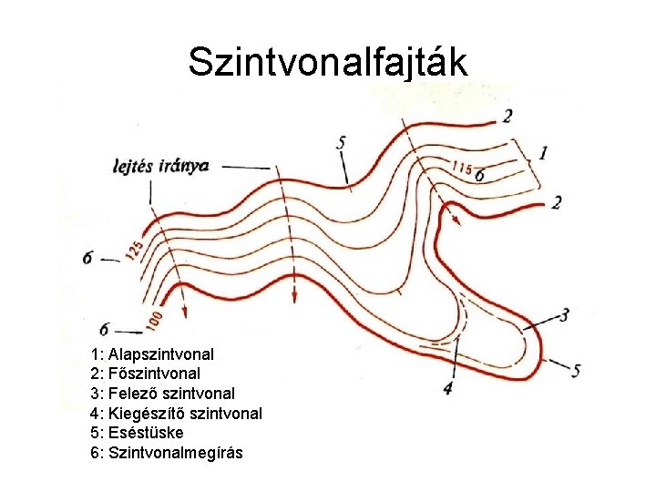 Szintvonalfajták 1: Alapszintvonal 2: Főszintvonal 3: Felező szintvonal 4: Kiegészítő szintvonal 5: Eséstüske 6: Szintvonalfajták 1: Alapszintvonal 2: Főszintvonal 3: Felező szintvonal 4: Kiegészítő szintvonal 5: Eséstüske 6: