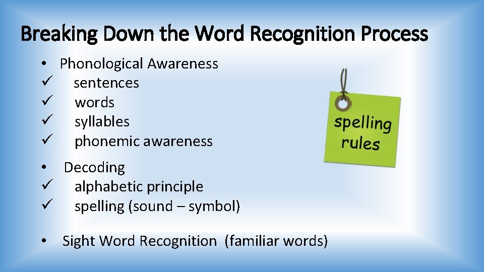 Breaking Down the Word Recognition Process • Phonological Awareness ü sentences ü words ü