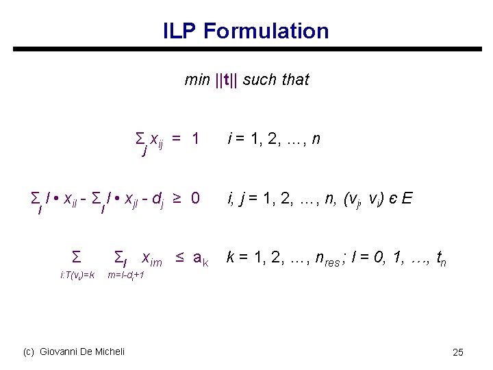 ILP Formulation min ||t|| such that Σ xij = 1 j Σ l •