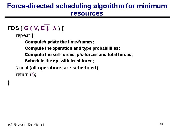 Force-directed scheduling algorithm for minimum resources FDS ( G ( V, E ), λ