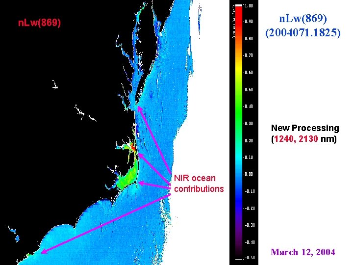 n. Lw(869) (2004071. 1825) n. Lw(869) New Processing (1240, 2130 nm) NIR ocean contributions