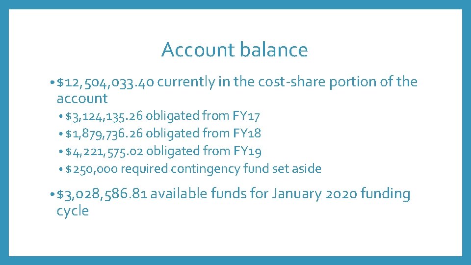 Account balance • $12, 504, 033. 40 currently in the cost-share portion of the