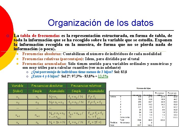 Organización de los datos ¡ La tabla de frecuencias es la representación estructurada, en