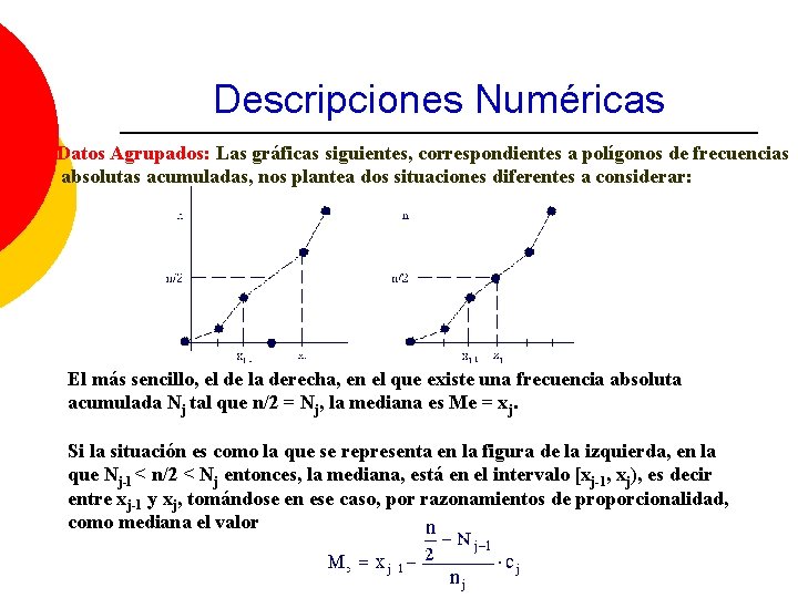 Descripciones Numéricas Datos Agrupados: Las gráficas siguientes, correspondientes a polígonos de frecuencias absolutas acumuladas,
