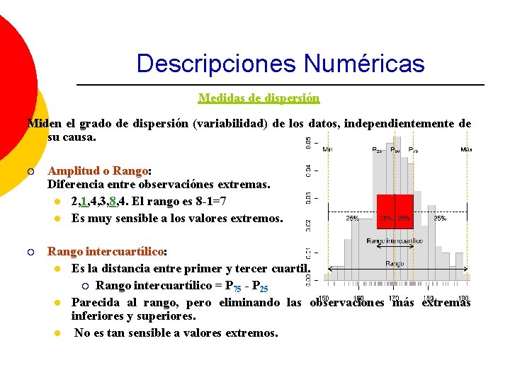 Descripciones Numéricas Medidas de dispersión Miden el grado de dispersión (variabilidad) de los datos,