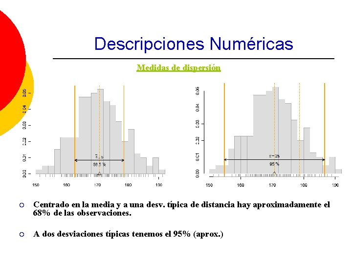 Descripciones Numéricas Medidas de dispersión ¡ Centrado en la media y a una desv.