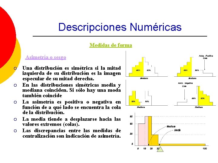 Descripciones Numéricas Medidas de forma Asimetría o sesgo ¡ ¡ ¡ Una distribución es