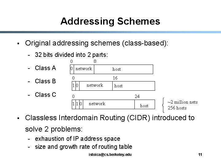 Addressing Schemes § Original addressing schemes (class-based): - 32 bits divided into 2 parts: