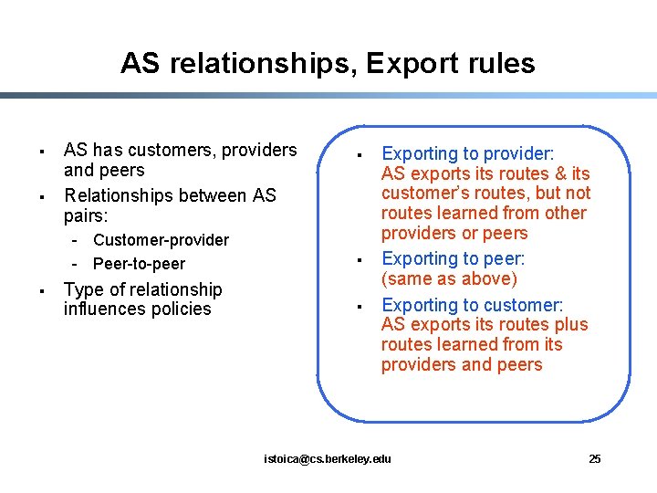 AS relationships, Export rules § § AS has customers, providers and peers Relationships between