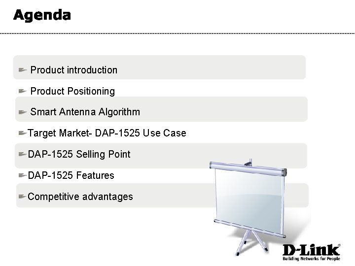 Product introduction Product Positioning Smart Antenna Algorithm Target Market- DAP-1525 Use Case DAP-1525 Selling