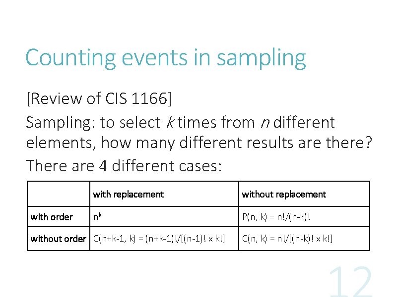 Counting events in sampling [Review of CIS 1166] Sampling: to select k times from