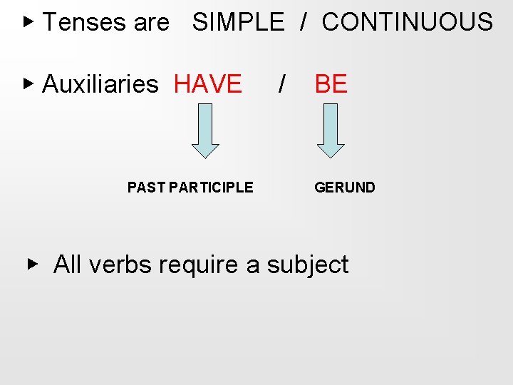 ▶ Tenses are SIMPLE / CONTINUOUS ▶ Auxiliaries HAVE PAST PARTICIPLE / BE GERUND