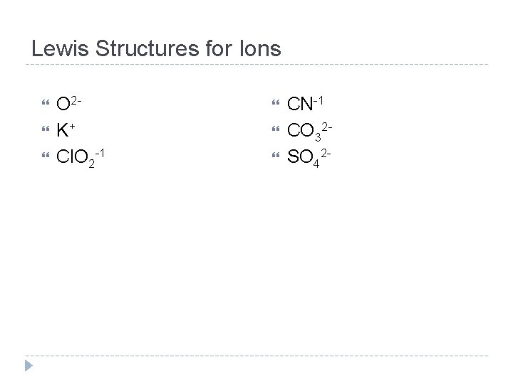Lewis Structures for Ions O 2 K+ Cl. O 2 -1 CN-1 CO 32