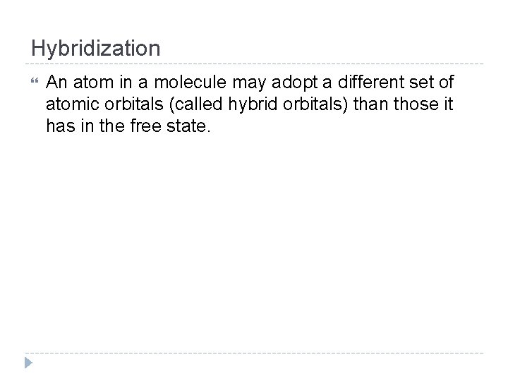 Hybridization An atom in a molecule may adopt a different set of atomic orbitals