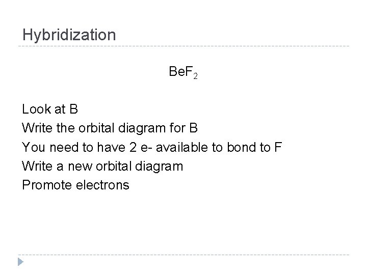 Hybridization Be. F 2 Look at B Write the orbital diagram for B You