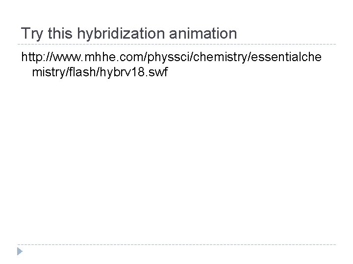 Try this hybridization animation http: //www. mhhe. com/physsci/chemistry/essentialche mistry/flash/hybrv 18. swf 