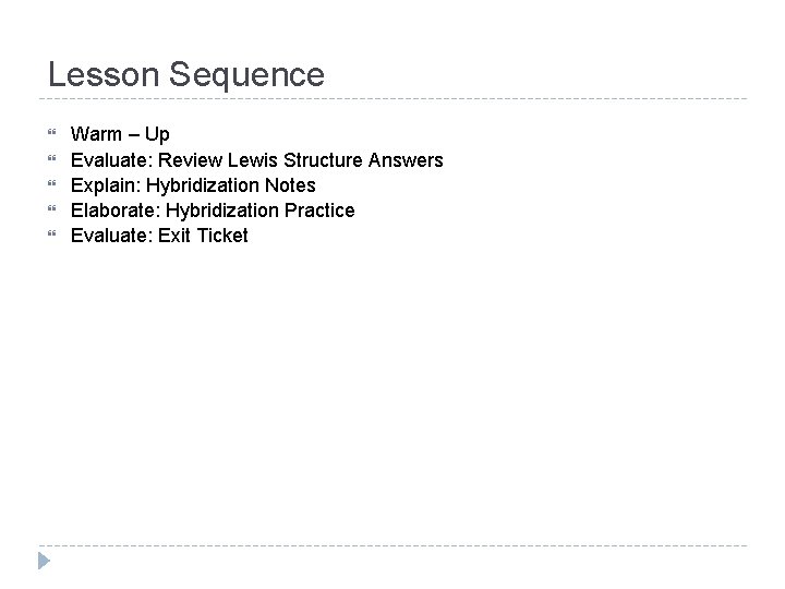 Lesson Sequence Warm – Up Evaluate: Review Lewis Structure Answers Explain: Hybridization Notes Elaborate: