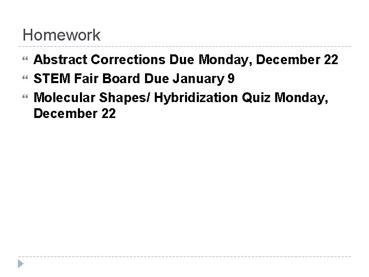 Homework Abstract Corrections Due Monday, December 22 STEM Fair Board Due January 9 Molecular