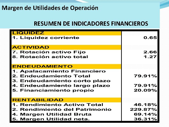 Margen de Utilidades de Operación RESUMEN DE INDICADORES FINANCIEROS 