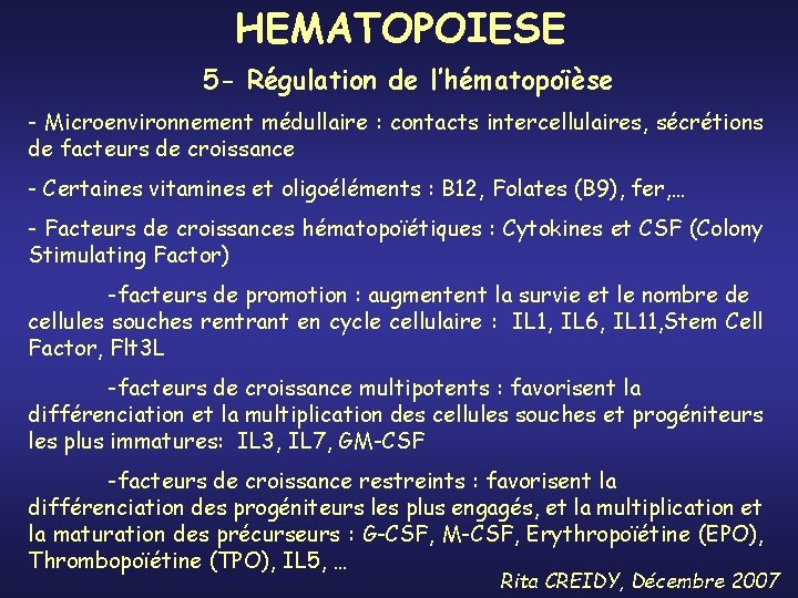 HEMATOPOIESE 5 - Régulation de l’hématopoïèse - Microenvironnement médullaire : contacts intercellulaires, sécrétions de
