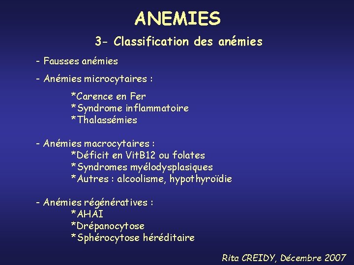 ANEMIES 3 - Classification des anémies - Fausses anémies - Anémies microcytaires : *Carence