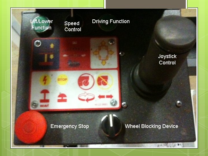 Lift/Lower Function Speed Control Driving Function Joystick Control Emergency Stop Wheel Blocking Device 
