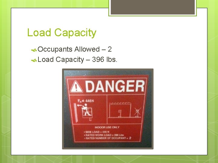 Load Capacity Occupants Allowed – 2 Load Capacity – 396 lbs. 