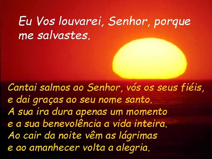 Eu Vos louvarei, Senhor, porque me salvastes. Cantai salmos ao Senhor, vós os seus