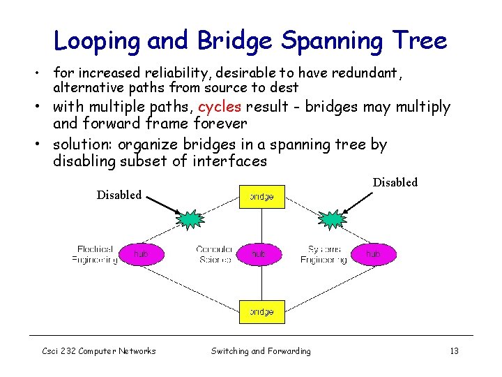 Looping and Bridge Spanning Tree • for increased reliability, desirable to have redundant, alternative