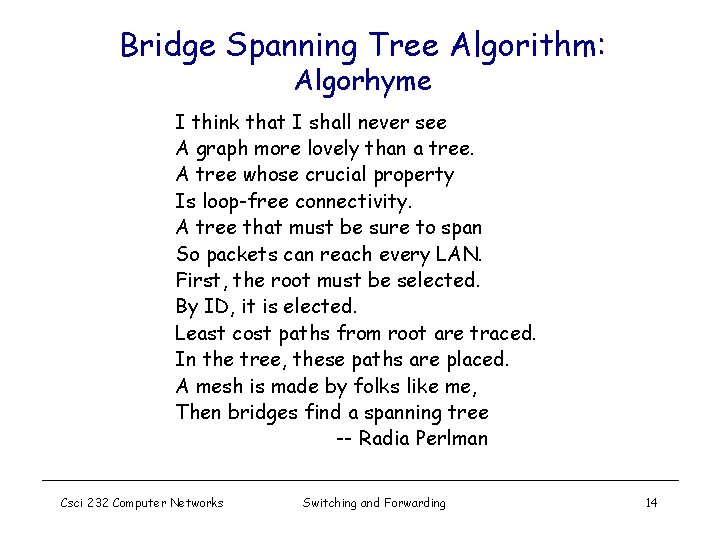 Bridge Spanning Tree Algorithm: Algorhyme I think that I shall never see A graph