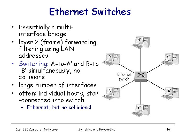 Ethernet Switches • Essentially a multiinterface bridge • layer 2 (frame) forwarding, filtering using