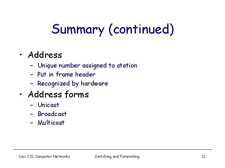 Summary (continued) • Address – Unique number assigned to station – Put in frame