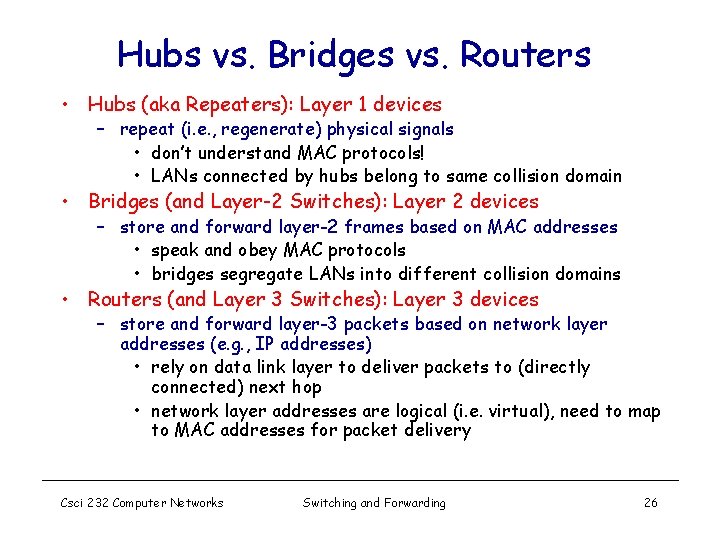 Hubs vs. Bridges vs. Routers • Hubs (aka Repeaters): Layer 1 devices – repeat