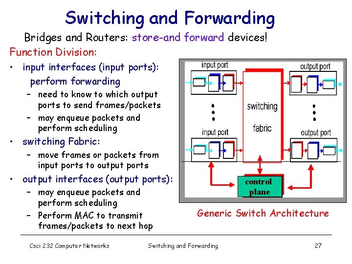 Switching and Forwarding Bridges and Routers: store-and forward devices! Function Division: • input interfaces