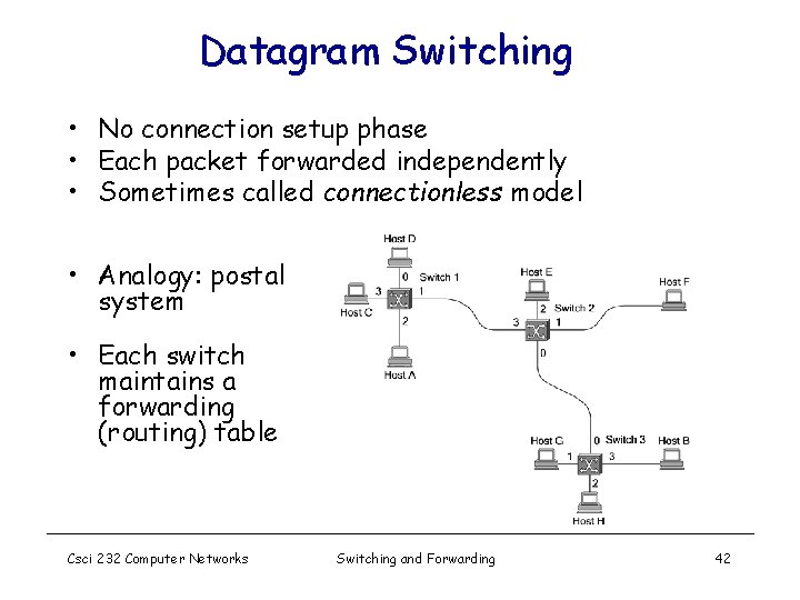 Datagram Switching • No connection setup phase • Each packet forwarded independently • Sometimes