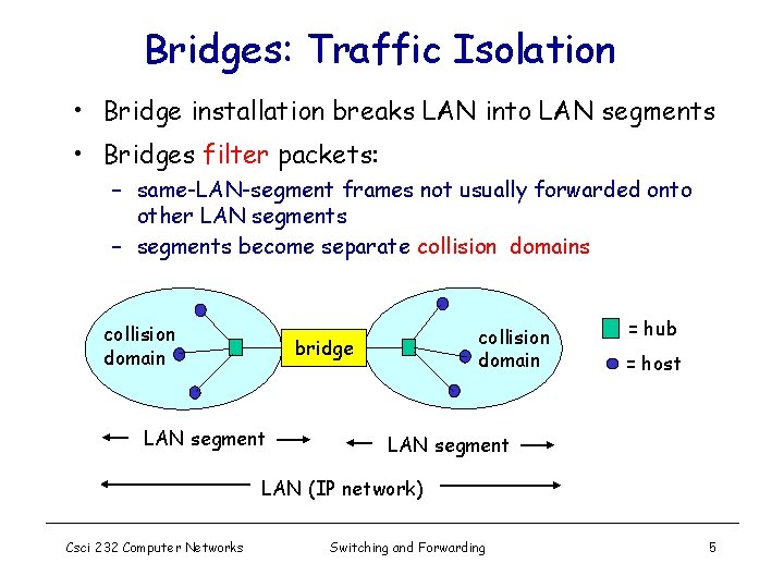 Bridges: Traffic Isolation • Bridge installation breaks LAN into LAN segments • Bridges filter
