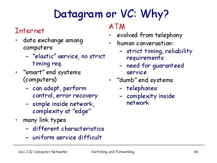 Datagram or VC: Why? Internet ATM • evolved from telephony • data exchange among