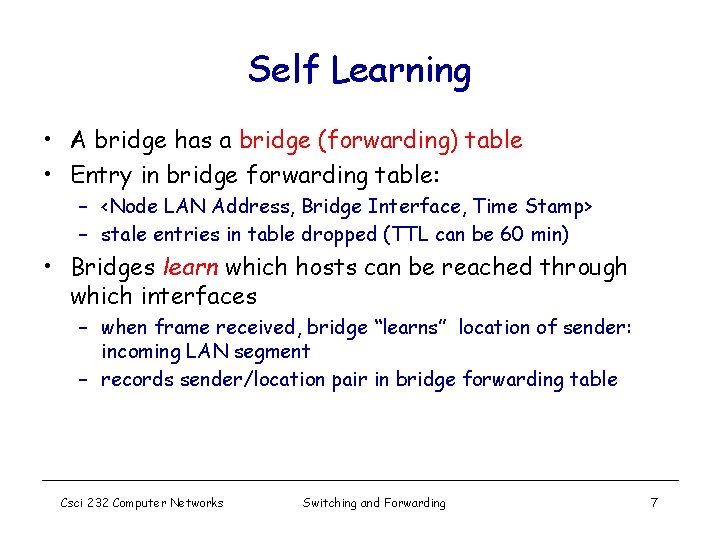 Self Learning • A bridge has a bridge (forwarding) table • Entry in bridge
