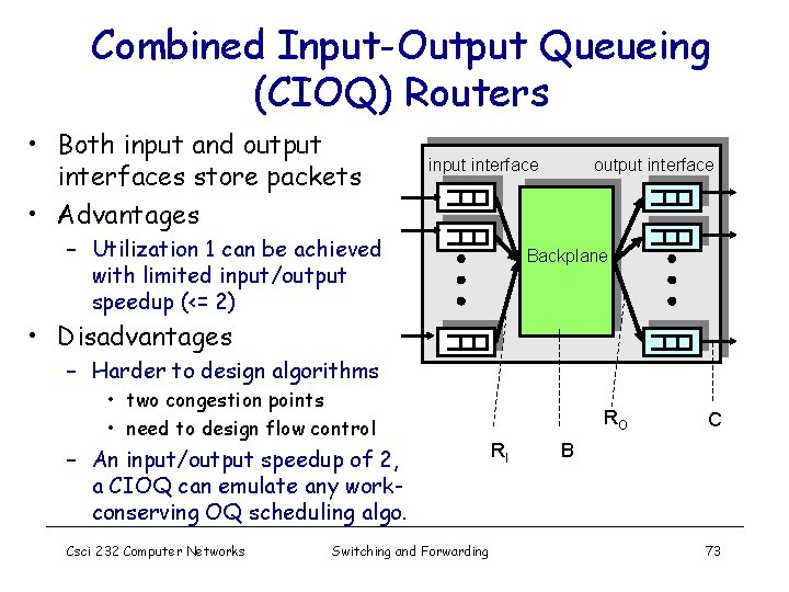 Combined Input-Output Queueing (CIOQ) Routers • Both input and output interfaces store packets •