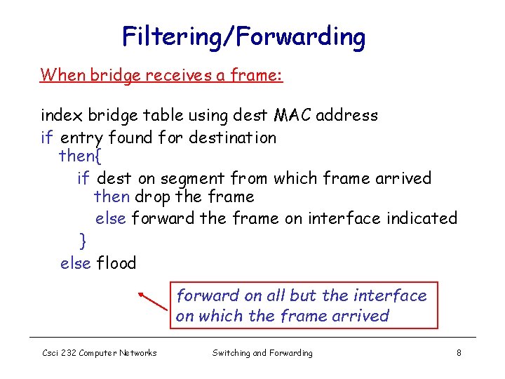 Filtering/Forwarding When bridge receives a frame: index bridge table using dest MAC address if