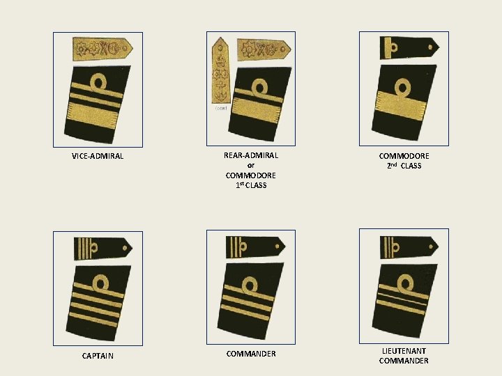 VICE-ADMIRAL REAR-ADMIRAL or COMMODORE 1 st CLASS COMMODORE 2 nd CLASS CAPTAIN COMMANDER LIEUTENANT