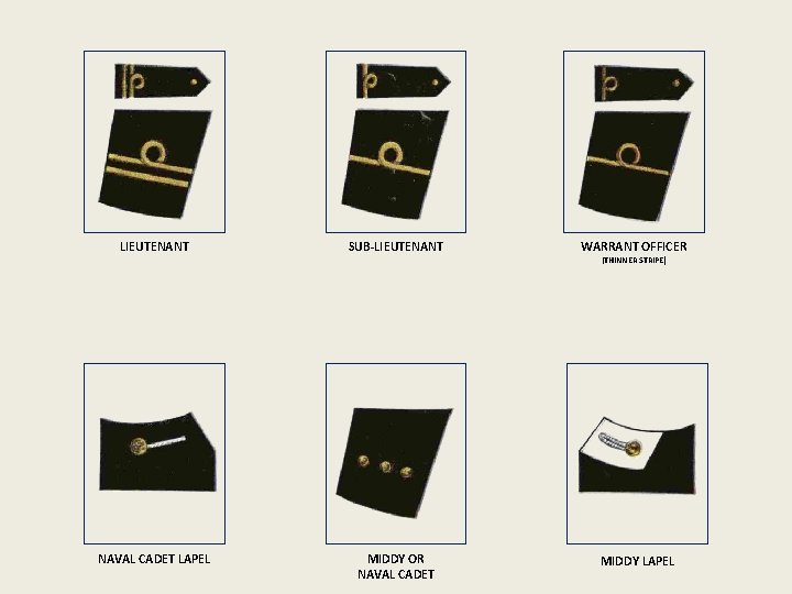 LIEUTENANT SUB-LIEUTENANT NAVAL CADET LAPEL MIDDY OR NAVAL CADET WARRANT OFFICER (THINNER STRIPE) MIDDY