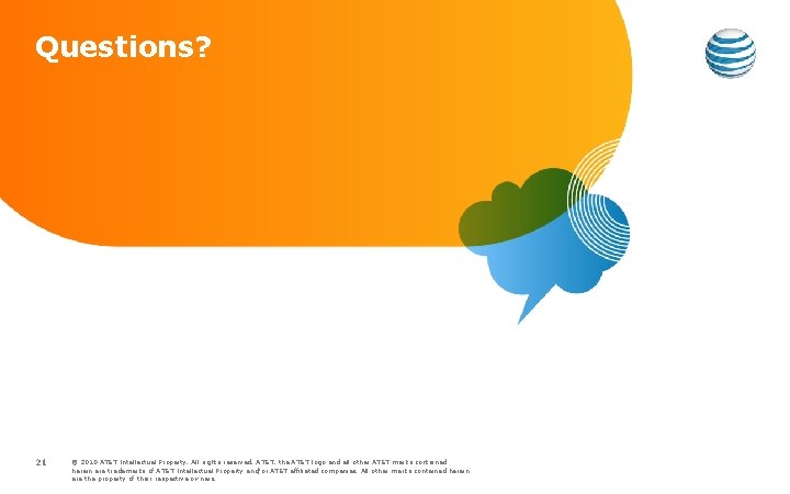 Questions? 21 © 2010 AT&T Intellectual Property. All rights reserved. AT&T, the AT&T logo