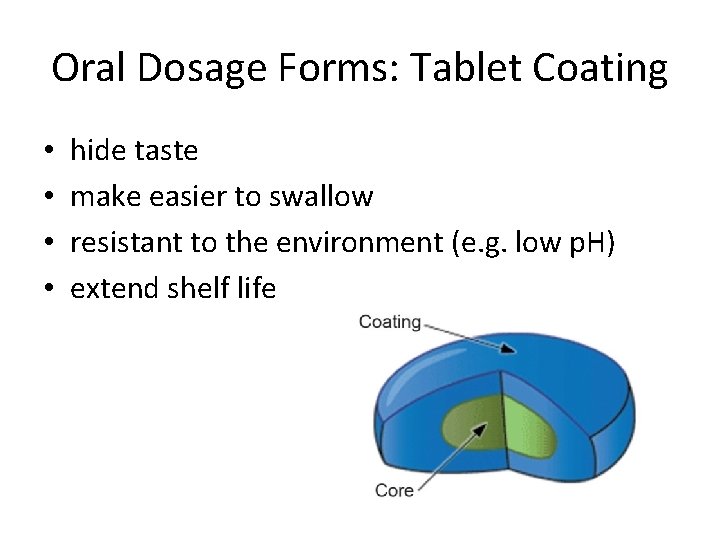 Oral Dosage Forms: Tablet Coating • • hide taste make easier to swallow resistant