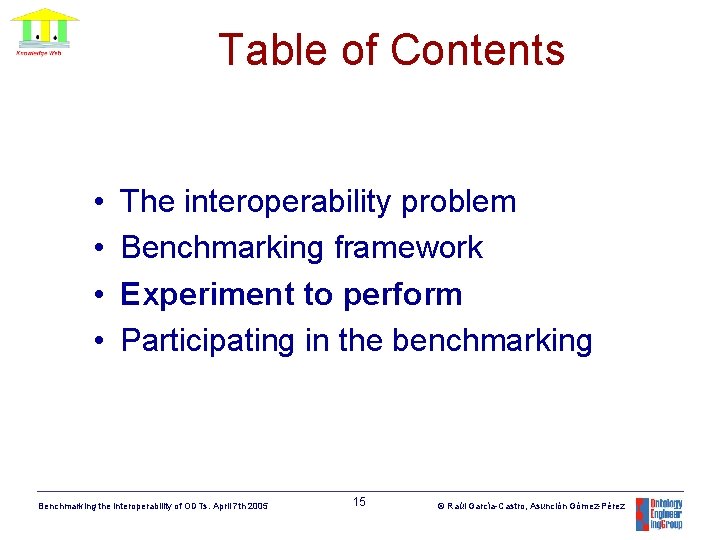 Table of Contents • • The interoperability problem Benchmarking framework Experiment to perform Participating