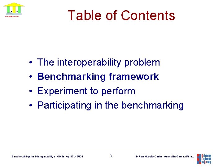 Table of Contents • • The interoperability problem Benchmarking framework Experiment to perform Participating